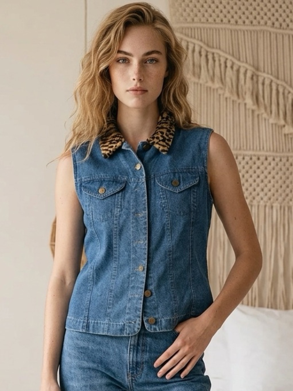 Bentley Arbuckle Women’s Blue Button Front Vest Leopard Collar Size 8
